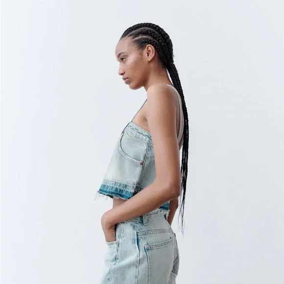 NWT Zara Denim Crop Top. Size Large - Picture 3 of 4